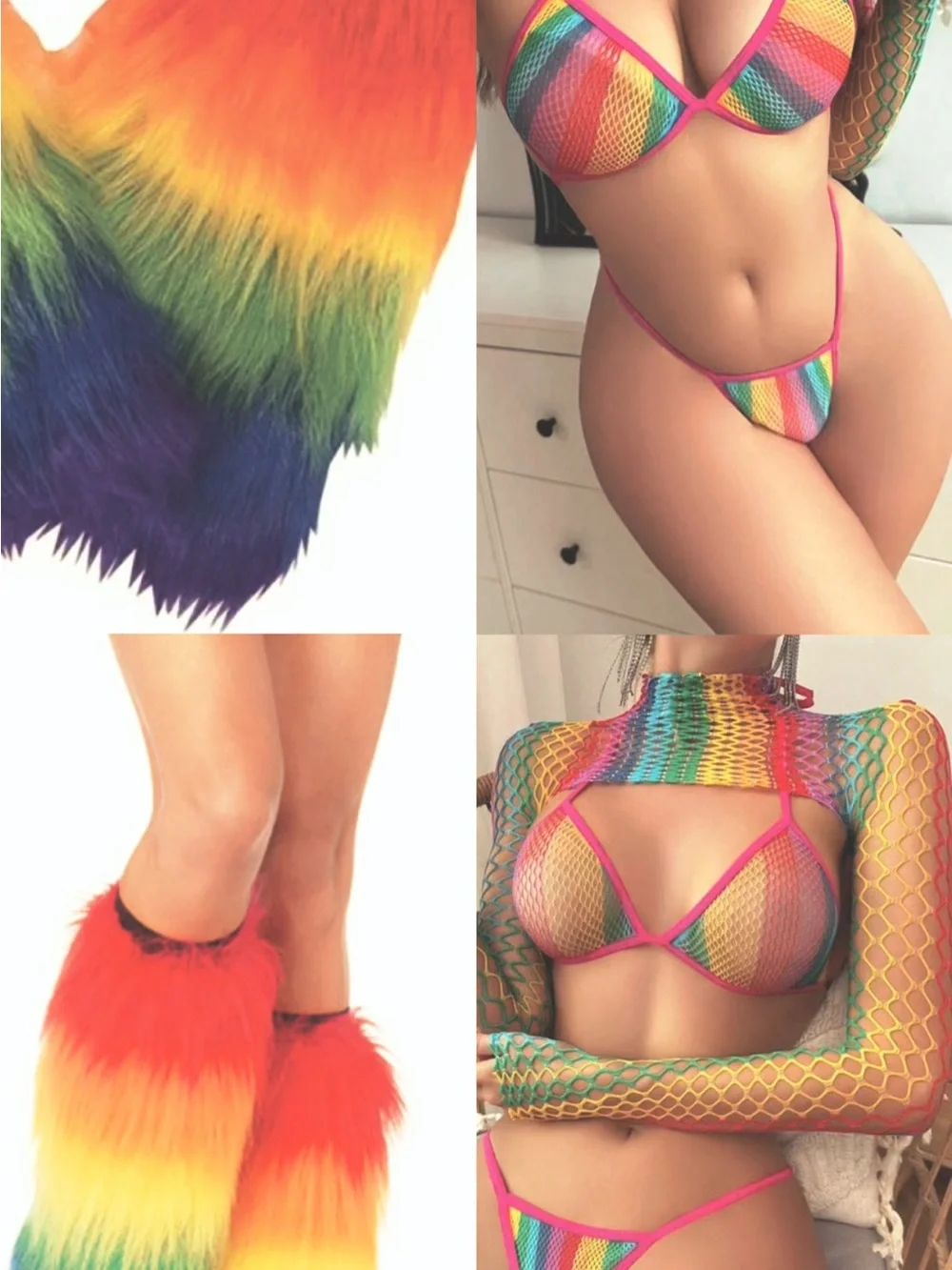 Rainbow Mesh Bikini Set and Furry Boot Covers - Multicolor